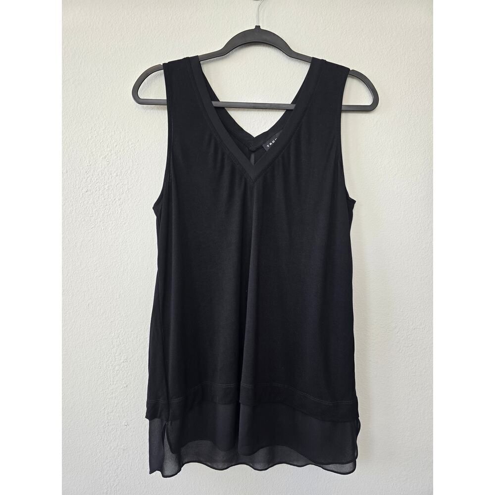 Trouvé Black Sleeveless V Neck Tank Top Sheer Hem Layered Size L Essentials